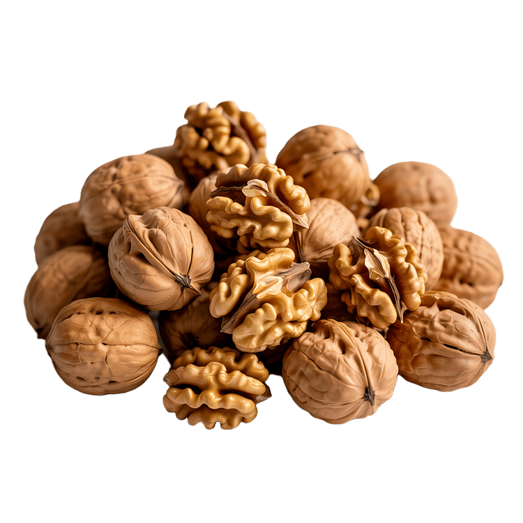 Pile of walnuts, shelled and unshelled.