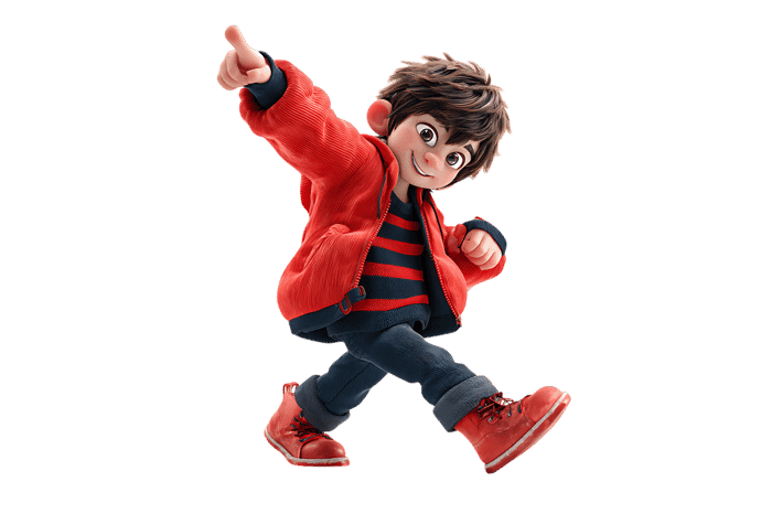 Cartoon boy in red jacket pointing and walking