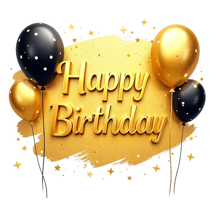 Happy birthday message with gold and black balloons