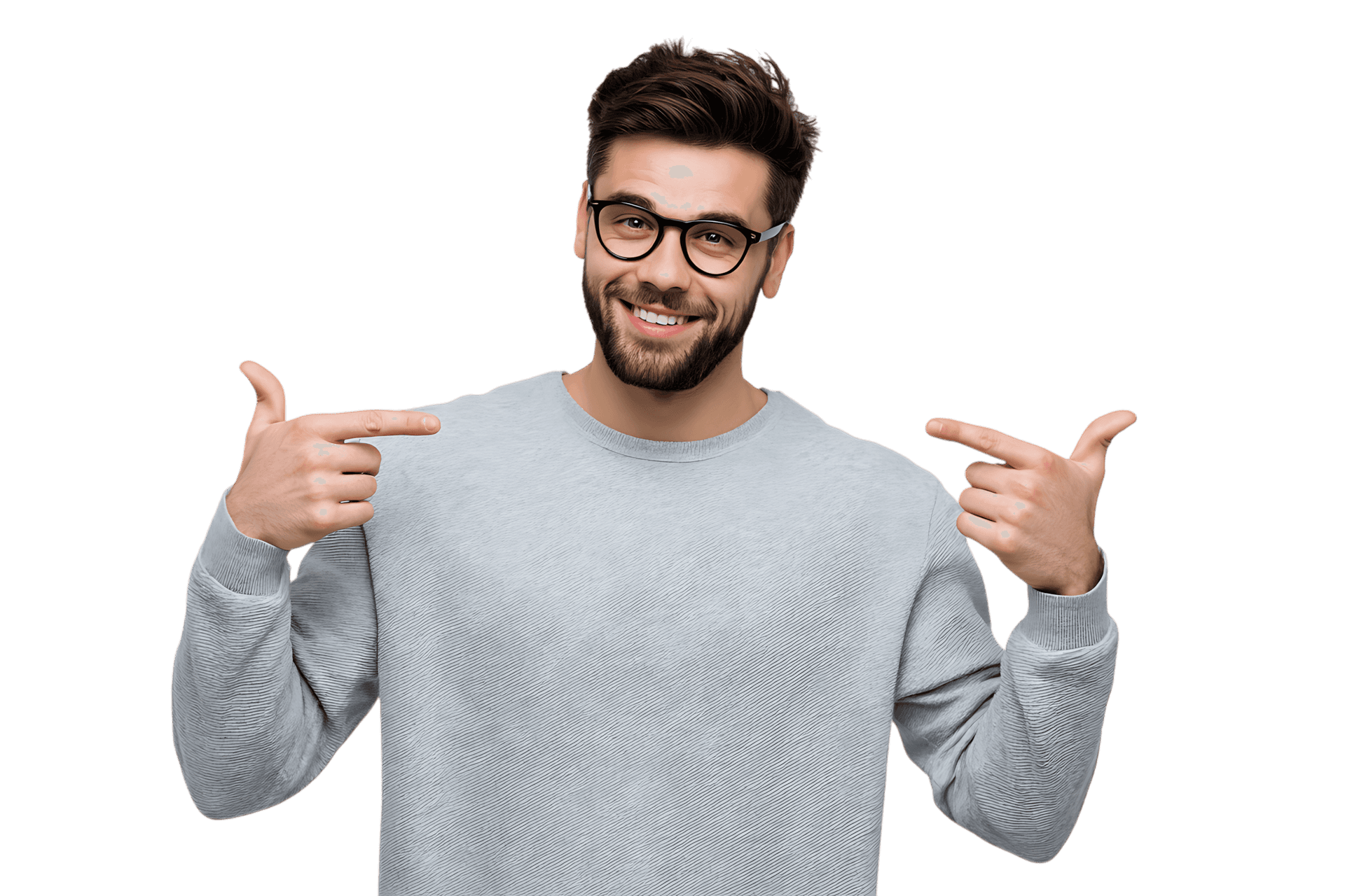 Man proudly pointing towards himself with a confident smile.