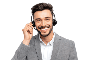 Happy male customer service representative wearing headset