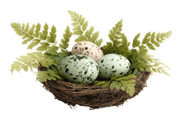 Three speckled bird eggs in a nest with ferns.