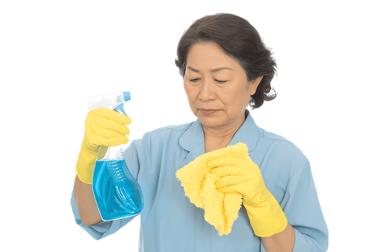 Mature woman cleaning with spray bottle and cloth