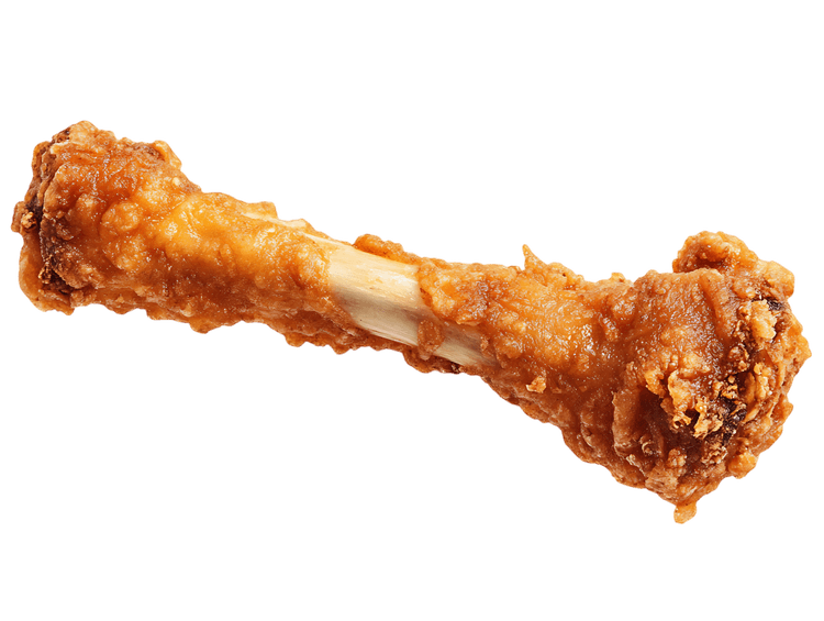 Crispy fried chicken drumstick, close up.