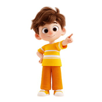 Cute cartoon boy pointing his finger. Cheerful child in 3D style.