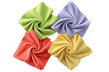 Colorful cleaning cloths arranged in a swirl pattern.