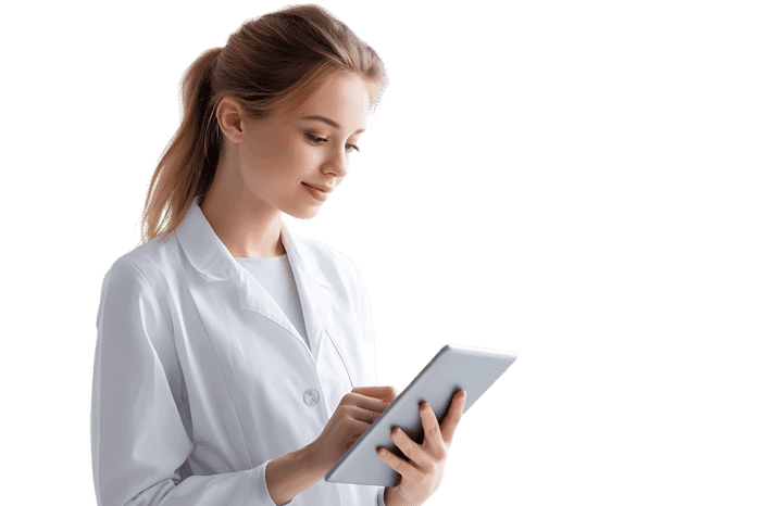 Young female doctor using a tablet for patient records.