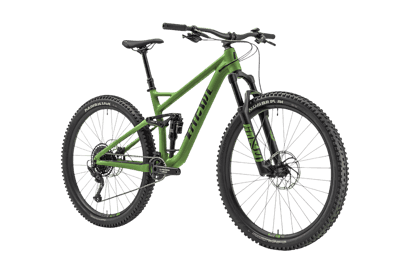 Green mountain bike, full suspension bicycle for outdoor sports