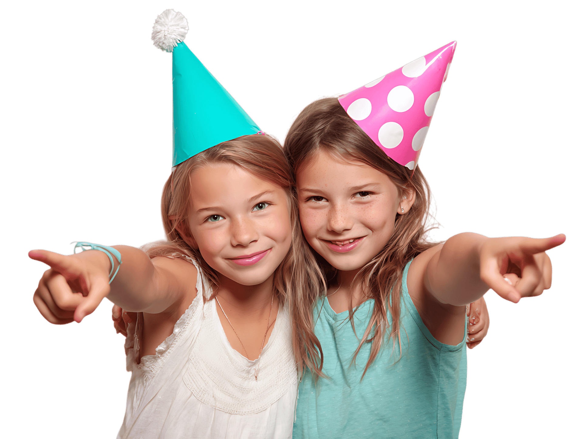 Two girls pointing, party hats on