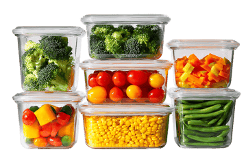 Fresh vegetables in clear plastic containers.