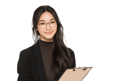 Smiling businesswoman holding a clipboard.