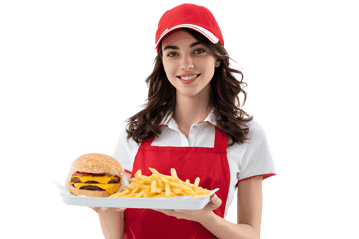 Smiling waitress holding a burger and fries