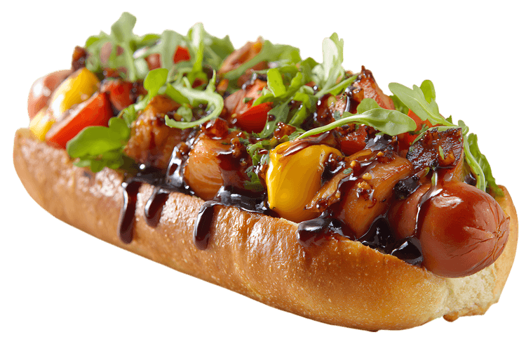 Gourmet hot dog with balsamic glaze, roasted vegetables, and arugula.
