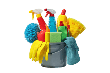 Cleaning supplies in a bucket. House cleaning concept.
