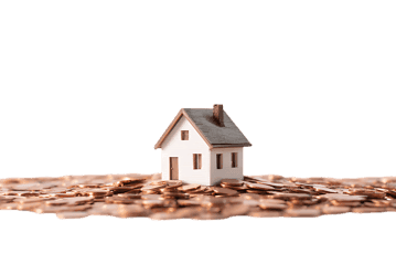 Small house model on a pile of money. Homeownership, real estate, investment concept.