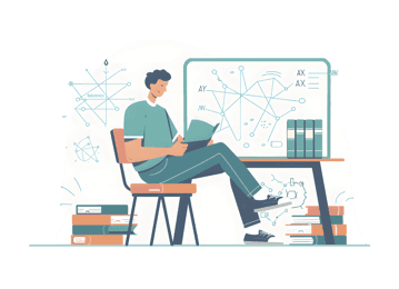 Student reads book surrounded by knowledge