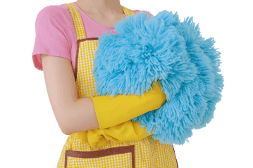 A woman in a yellow apron holding a blue cleaning mop.