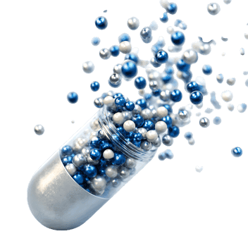 Capsule overflowing with silver and blue spheres.