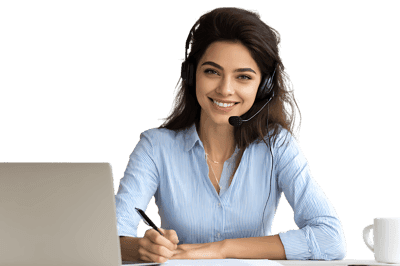 Smiling woman with headset working in customer support.