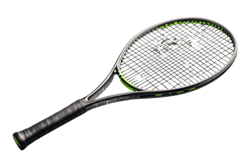 Close up of a modern tennis racket isolated on black background.