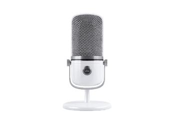 Stylish white condenser microphone on a stand.  Perfect for podcasting, streaming, or recording.