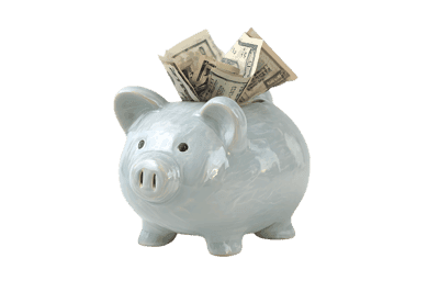 Light blue piggy bank with dollar bills420.