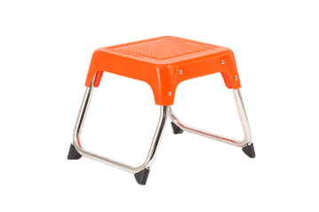 Portable orange plastic stool with metal legs