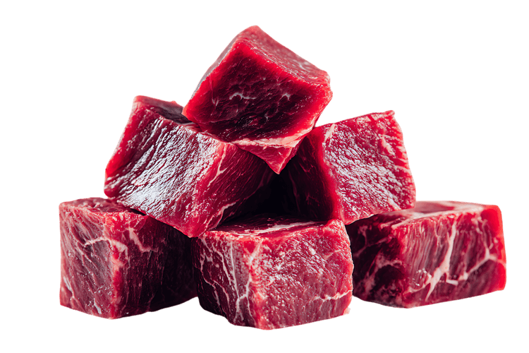 Close up of raw beef cubes, red meat texture.