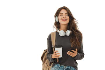 Happy student girl walking with headphones, coffee, and phone.
