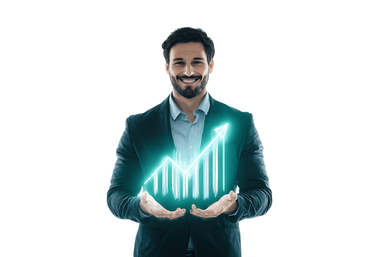 Smiling businessman holding a glowing growth chart.