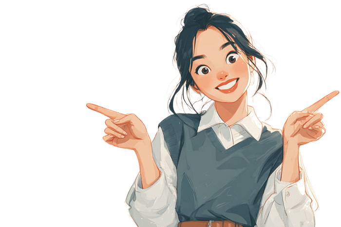 Cartoon woman joyfully pointing in opposite directions