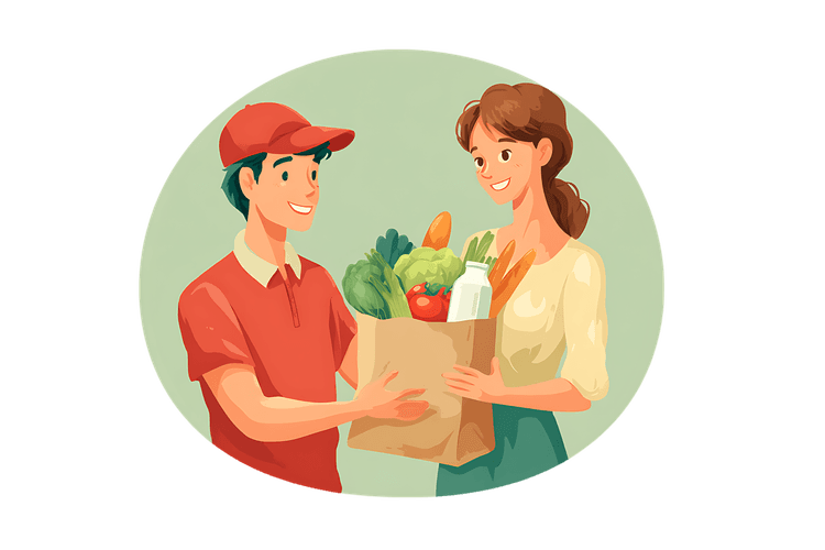 Happy customer receiving grocery delivery. Online grocery shopping concept.