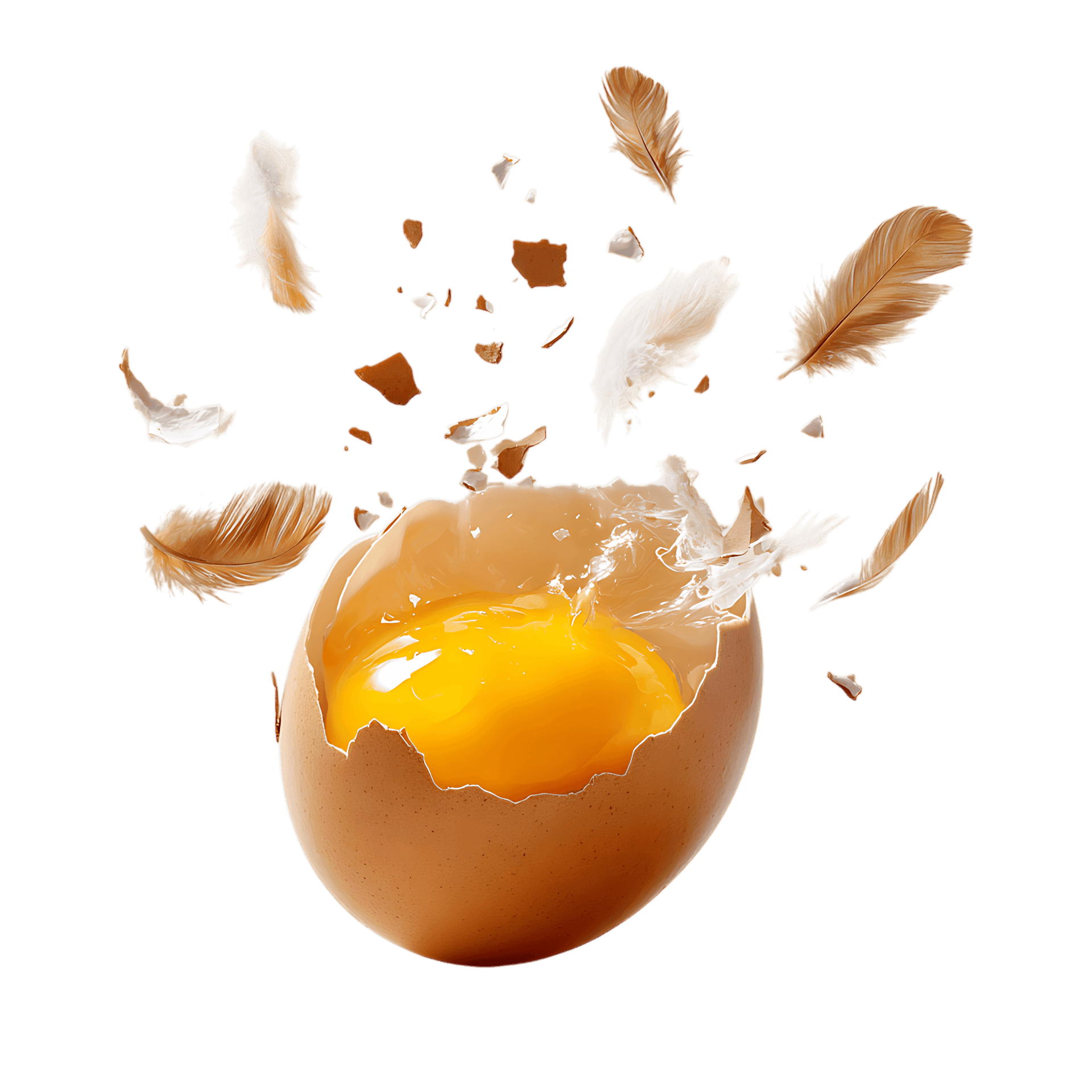 Broken egg with yolk and feathers