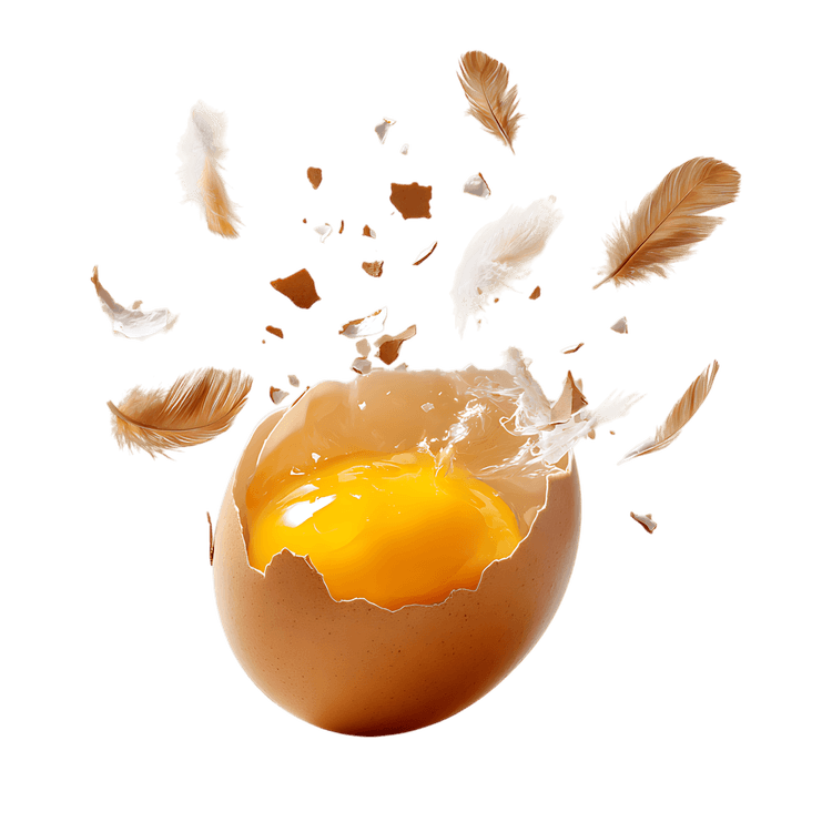 Broken egg with yolk and feathers