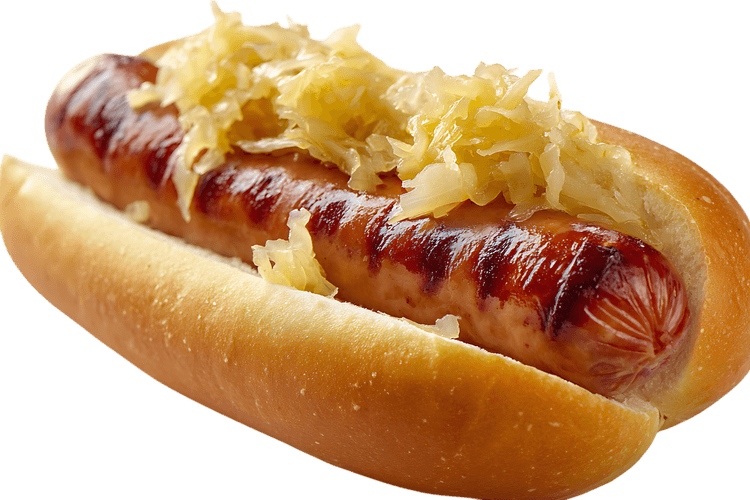Grilled sausage on bun with sauerkraut