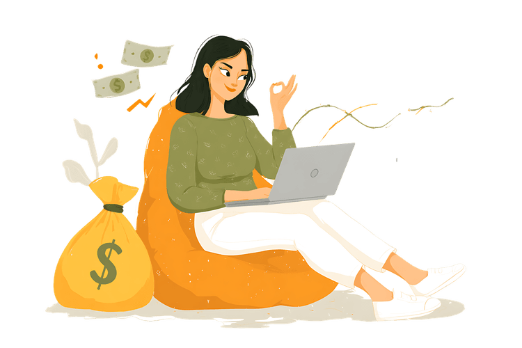 Woman earning money online, freelance work, financial success