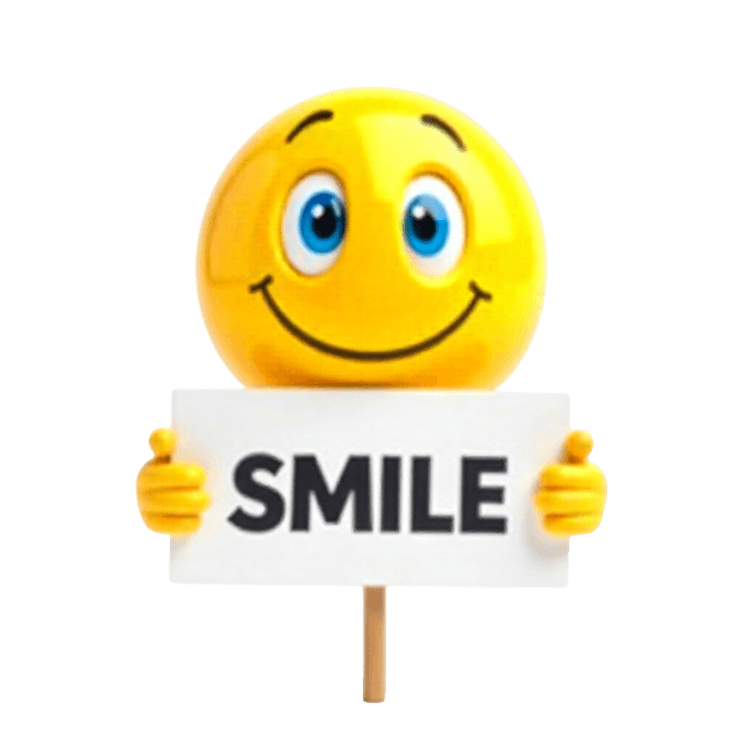 Smiling emoji holding smile sign expressing happiness
