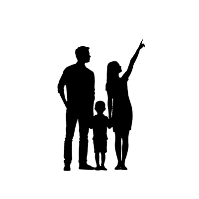 Silhouette of family pointing towards the future. Dreams, unity.
