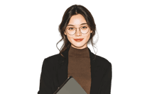 Portrait of a young woman wearing glasses and a turtleneck.