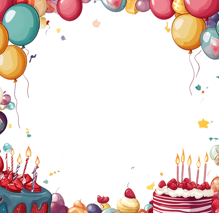 Colorful balloons and cakes border. Happy birthday!