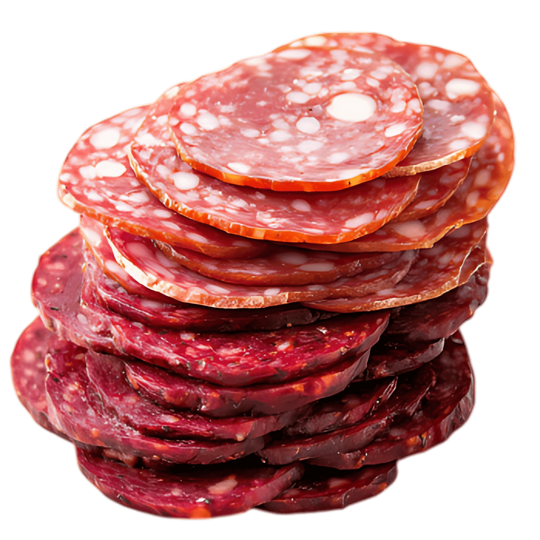 Stack of sliced salami and sausage.