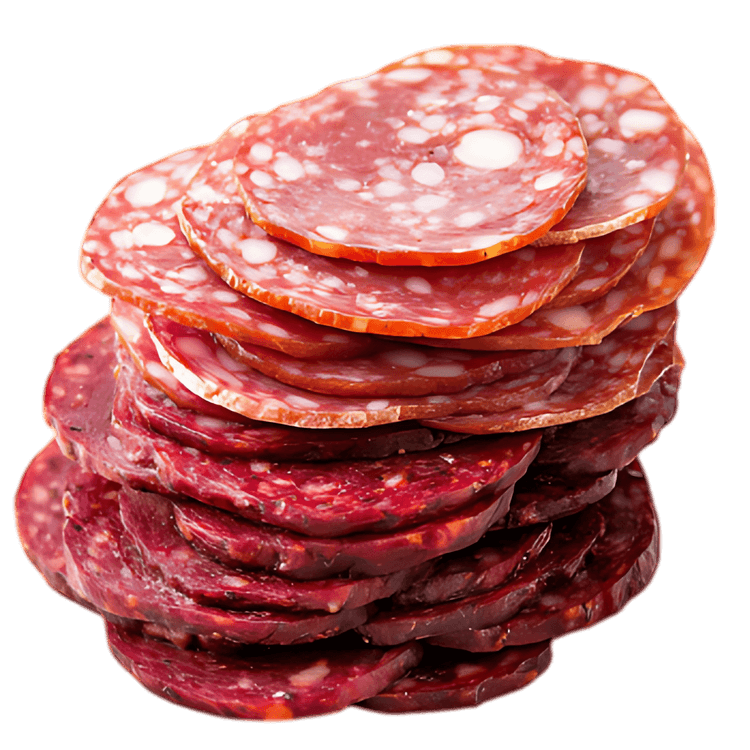 Stack of sliced salami and sausage.
