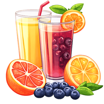 Refreshing fruit juices, orange and blueberry.
