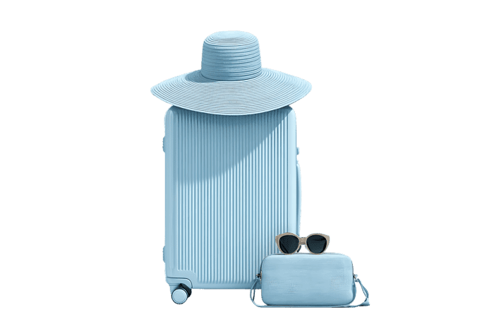 Light blue suitcase, hat, sunglasses, and clutch.