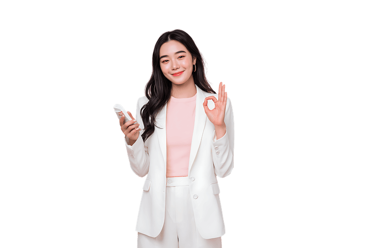 Smiling woman holding beauty gadget and gesturing OK sign.