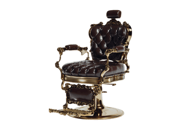 Luxury barber chair, vintage style, gold and leather.