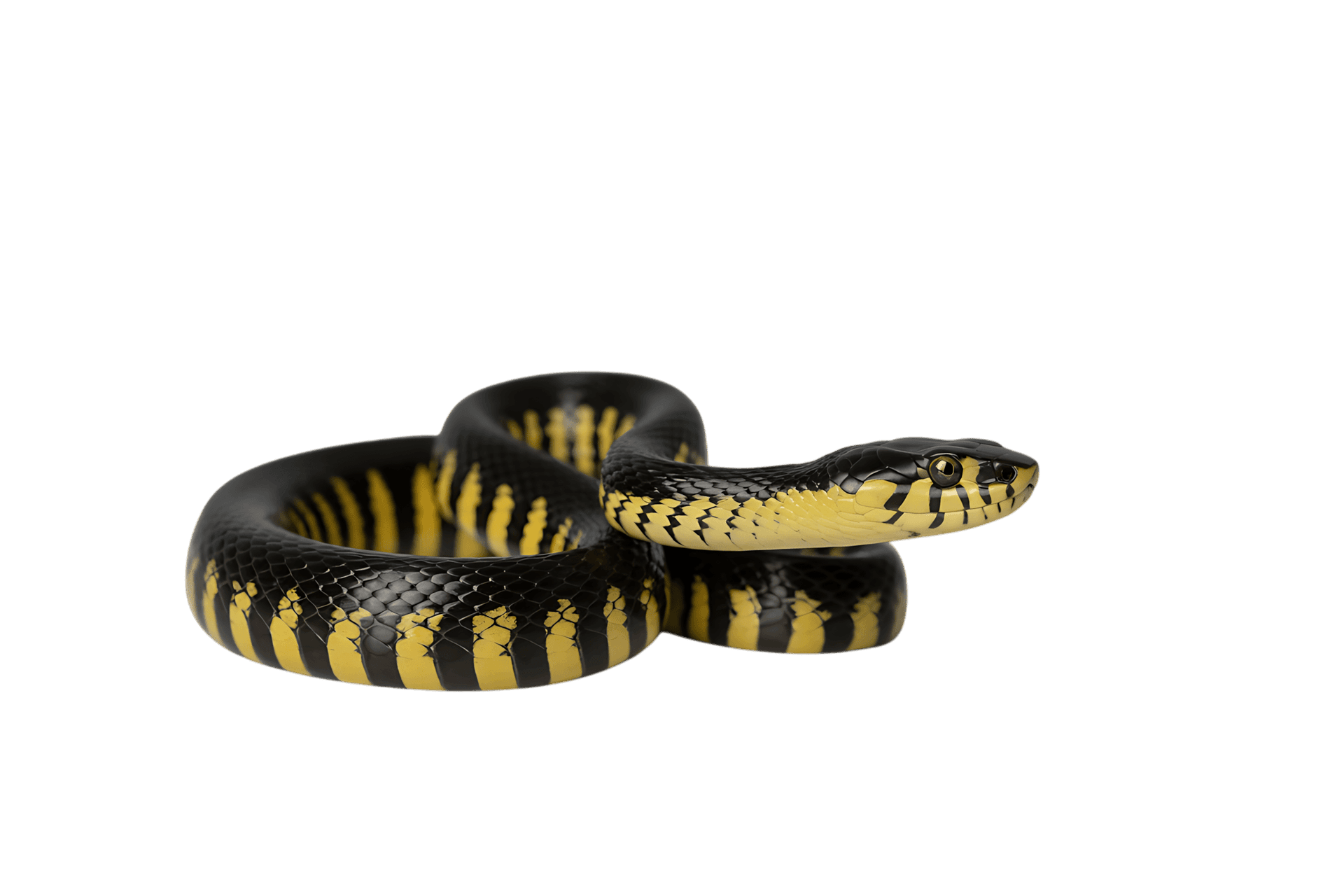 Mangrove snake coiled, black and yellow reptile