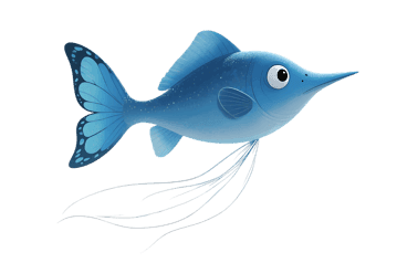 Cartoon blue fish with butterfly tail illustration