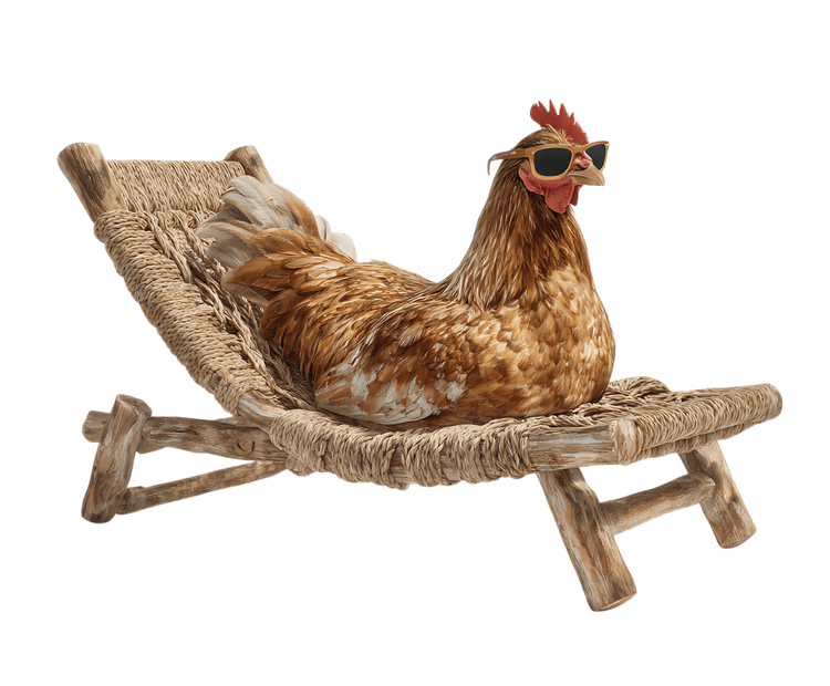 Relaxing hen in sunglasses on a lounge chair.