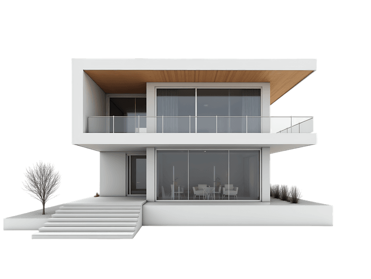 Modern house exterior with large windows and minimalist design